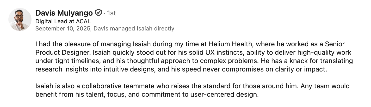 Davis Mulyango's recommendation praising Isaiah's UX instincts, thoughtful approach, speed, and collaboration.