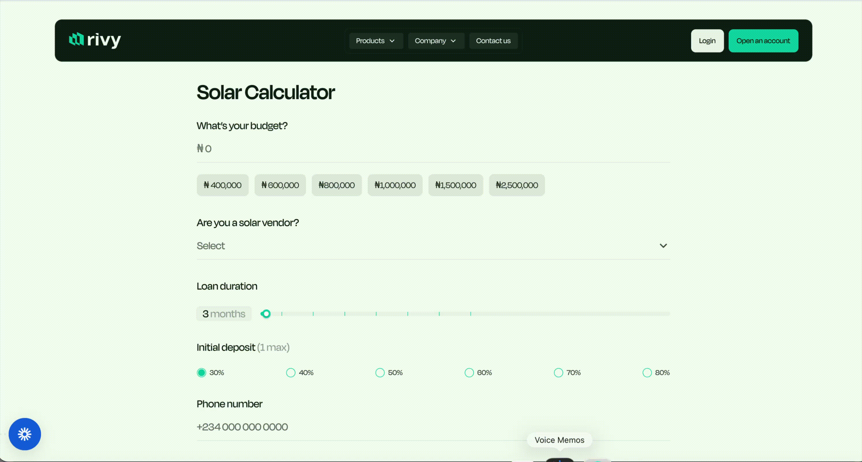Animated walkthrough of the updated Rivy calculator with budget and phone-number fields